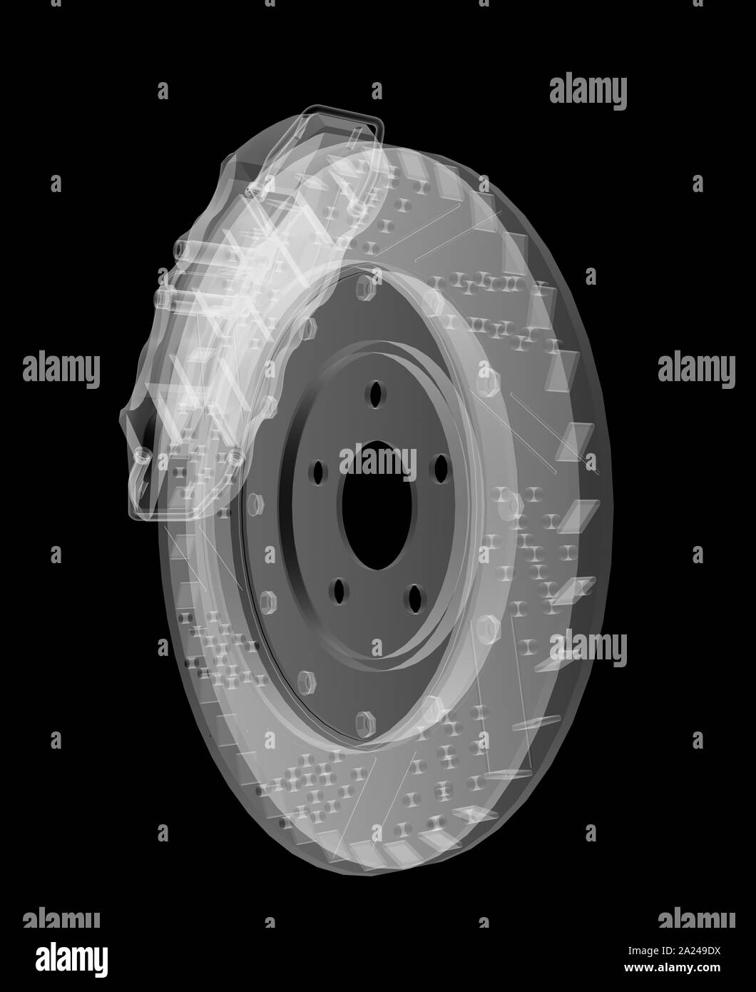 Disco freno e pastiglie X-Ray stile. Isolato su sfondo nero. 3D illustrazione Foto Stock