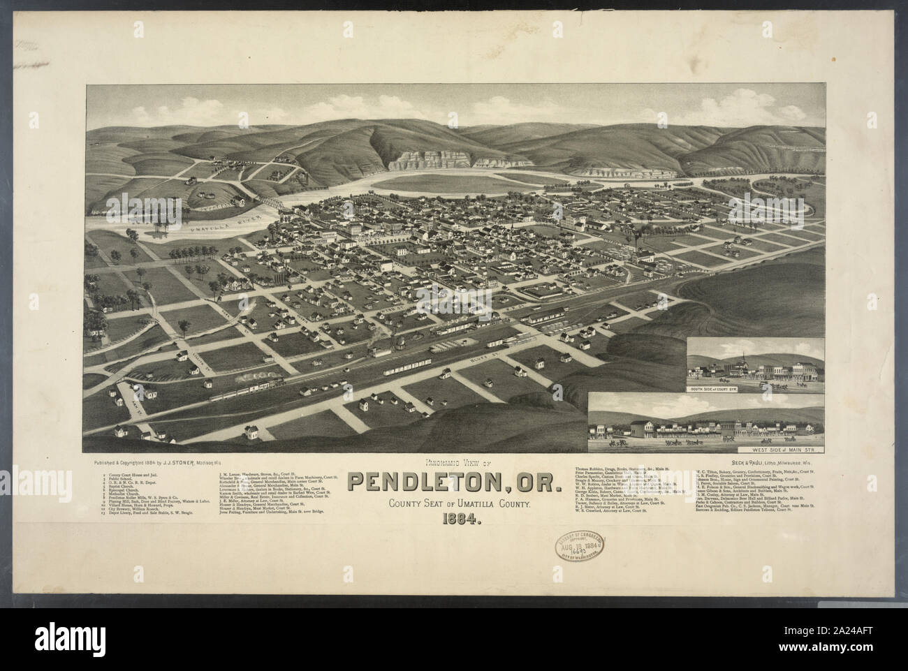 Vista panoramica di Pendleton, o. La sede della contea di Umatilla County. 1884 Note: Questo record contiene dati non verificati da PGA shelflist card.; nome associato sulla scheda shelflist: Beck & Pauli.; Foto Stock