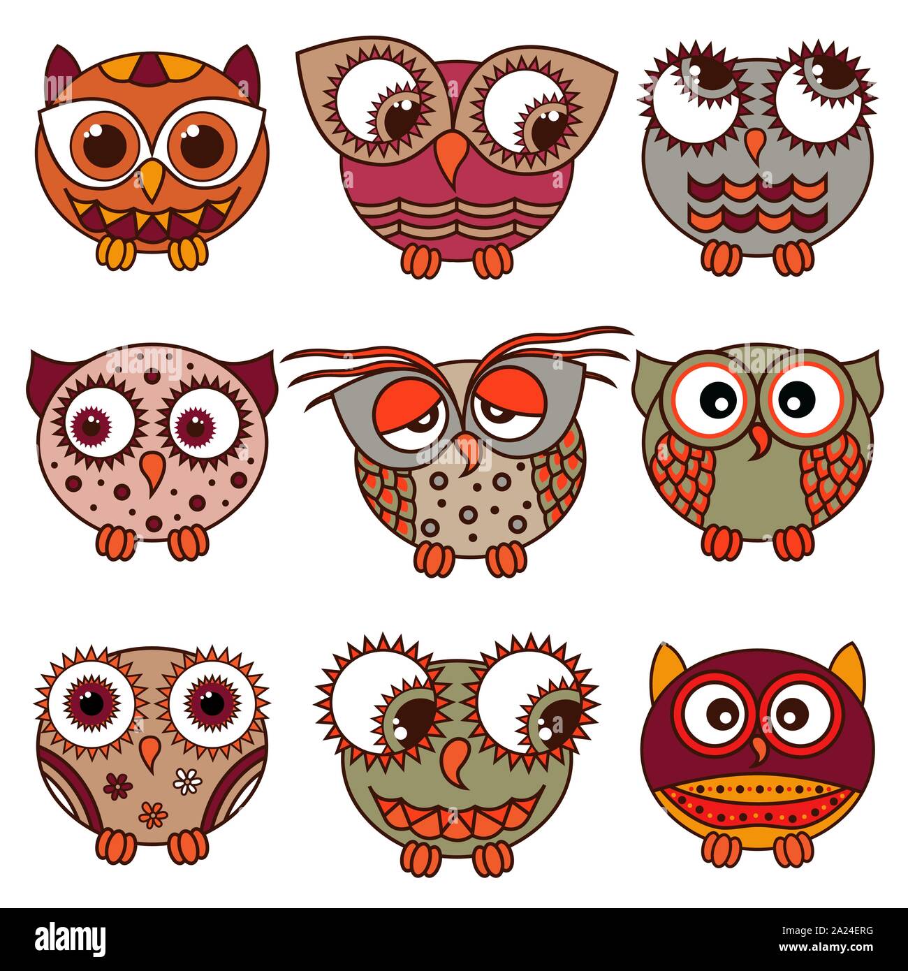 Set di nove funny cartoon gufi poste in forme ovali con vari pattern isolato su uno sfondo bianco, illustrazione vettoriale come icone Illustrazione Vettoriale