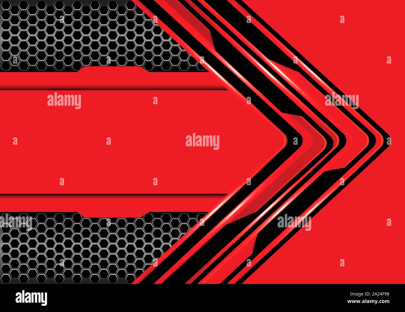 Abstract di nero rosso circuito freccia direzione tecnologia con maglia esagonale design metallico moderno sfondo futuristico illustrazione vettoriale. Illustrazione Vettoriale