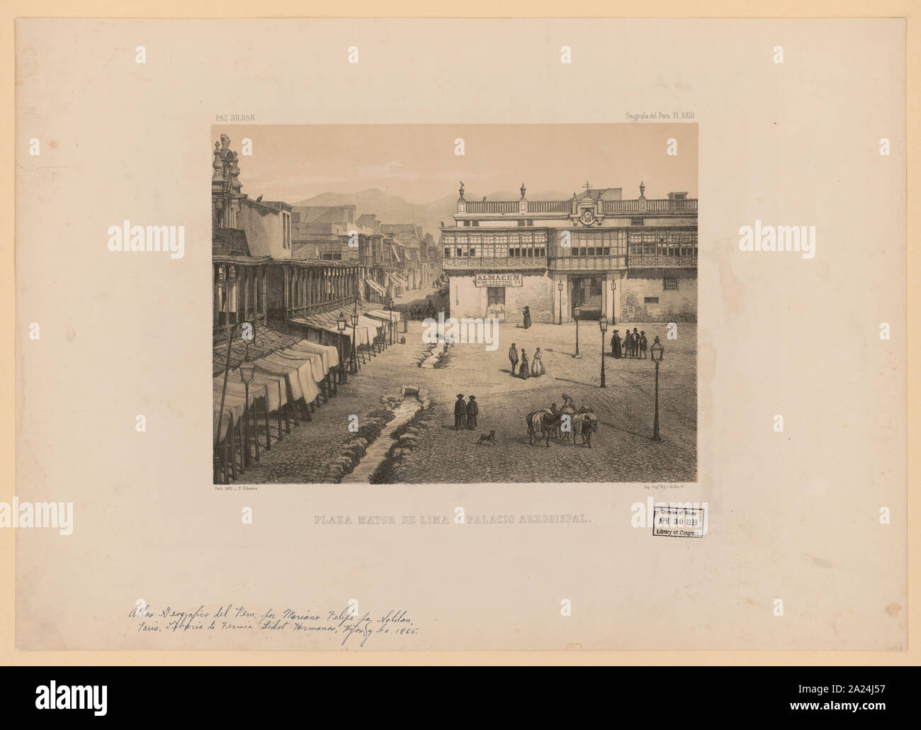 Paz soldano. Geografia del Perù, pl. XXIII. Plaza Mayor de Lima y palacio arzobispal Foto Stock
