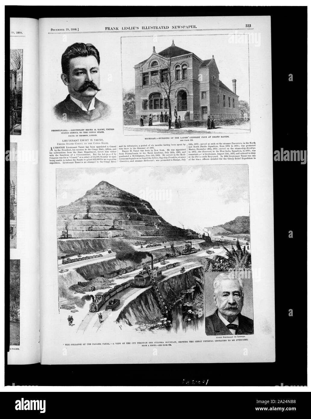 Pennsylvania--Tenente Emory H. Taunt, Stati Uniti consul al Congo Membro / / foto. da Thomson, Londra. Michigan -- costruzione di Ladies' Club letterario a Grand Rapids. Il crollo del Canale di Panama -- una vista di taglio attraverso la Culebra Mountain, mostrando i grandi ostacoli fisici da superare. Il conte Ferdinando de Lesseps Foto Stock