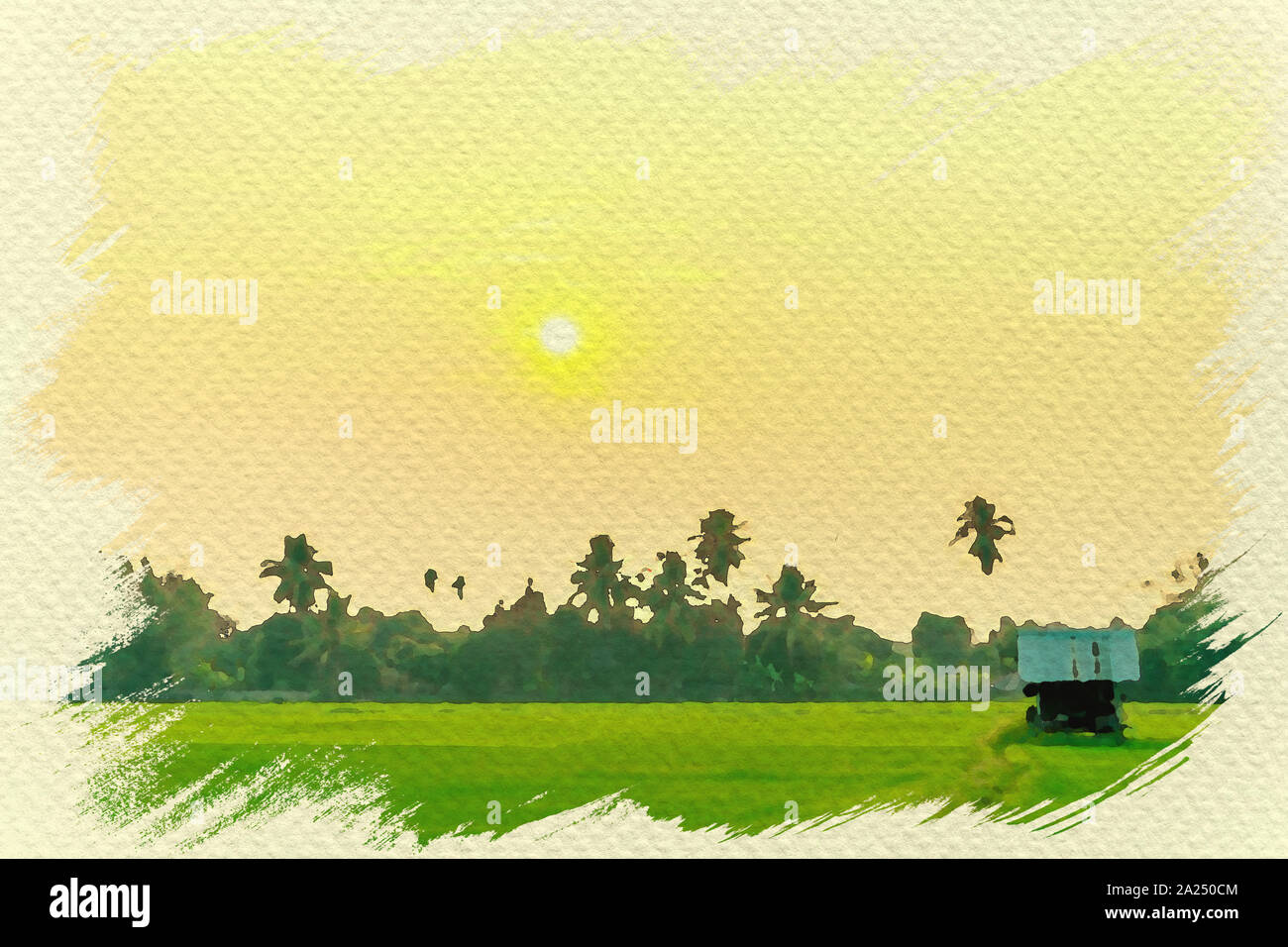 Cottage in risaie e tramonto. Digital pittura ad acquerello effetto. Foto Stock