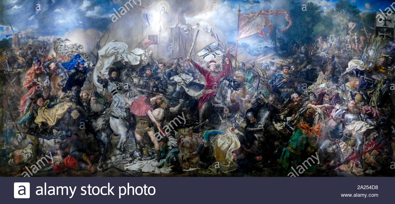 La battaglia di Grunwald (Tannenberg) dipinta nel 1878 dall'artista polacco Jan Matejko Alojzy (1838 - 1893). La battaglia di Grunwald è un dipinto di Jan Matejko raffigurante la battaglia di Grunwald e la vittoria degli alleati la corona del regno di Polonia e Granducato di Lituania oltre l'Ordine Teutonico nel 1410. La tela risale al 1878 ed è una delle più eroiche rappresentazioni della storia della Polonia Foto Stock