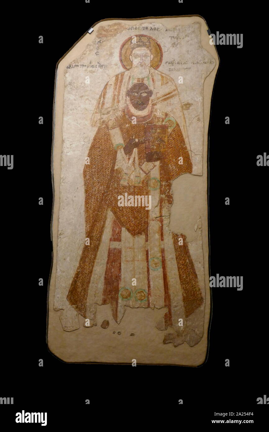 Parete dipinta fregio da Faras Cattedrale, che risale a 7-10secolo D.C. Faras era una delle città principali nella Nubia Inferiore. Il sito della città, sul confine tra il moderno Egitto e Sudan a Wadi Halfa salienti, era inondata dal lago Nasser negli anni Sessanta ed è ora permanentemente sott'acqua. Prima di questa inondazione, estesi lavori archeologici è stata condotta da una archeologica polacca team guidato dal professor Kazimierz Michalowski. La città raggiunse il suo apice durante il periodo Cristiano di Nubia. Foto Stock