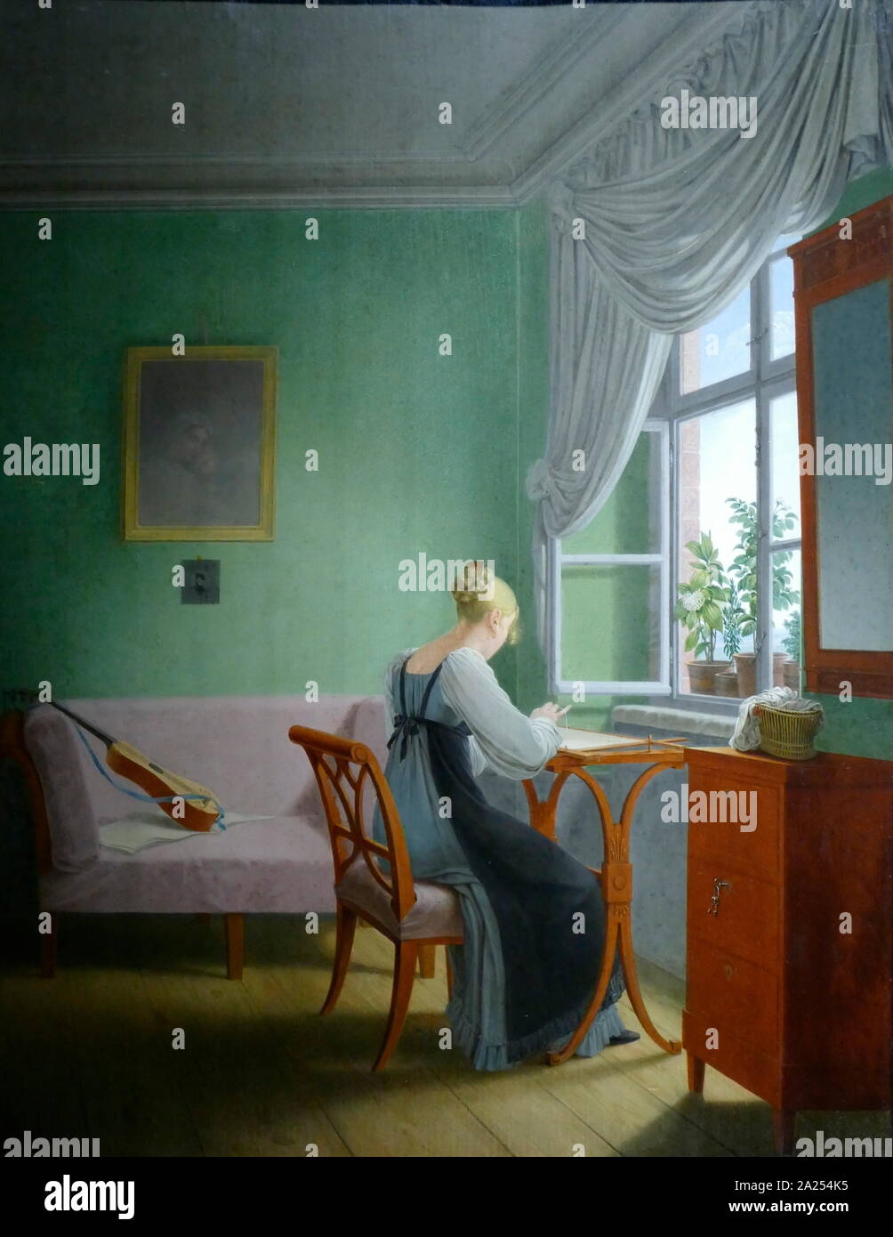 Ricamatori presso la finestra; 1817 dipinta da Georg Friedrich Keretlng (1768-1847). Georg Friedrich Kersting era un pittore tedesco, il più noto per il suo stile Biedermeier dipinti interni. Foto Stock