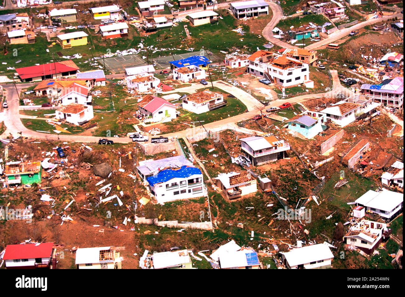 Uragano Marilyn, 25 settembre 1995. Una veduta aerea della devastazione causata in Isole Vergini, dall'uragano. Otto persone sono morte e più di 2 miliardi di dollari di danni alla proprietà è stata causata dall'uragano Marilyn. Foto Stock