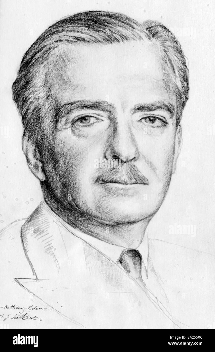 Matita Ritratto di Robert Anthony Eden, 1° Conte di Avon, (1897 - 1977) British politico conservatore che ha servito tre periodi come Segretario di Stato per gli affari esteri. Il primo ministro del Regno Unito dal 1955 al 1957 da J J Hilbert. Foto Stock