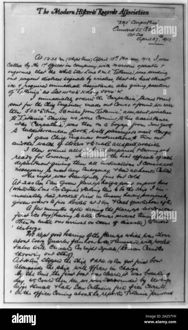 Fotocopia delle scritte a mano per conto del capitano di R.M.S. CARPATHIA descrivendo la sua risposta al segnale di emergenza del Titanic il 15 aprile 1912 Foto Stock