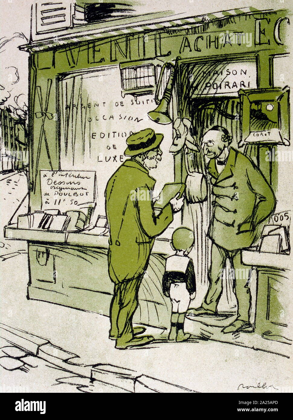 Cartoon di Francisque Poulbot, che mostra un uomo vecchio lo scambio di un libro in un negozio di pegni a Parigi 1908 Foto Stock