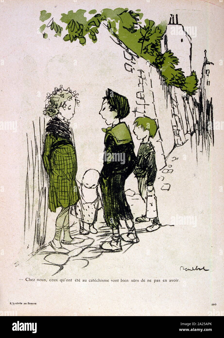 Cartoon di Francisque Poulbot, mostrando i bambini a conversare in una strada di Parigi 1908 Foto Stock