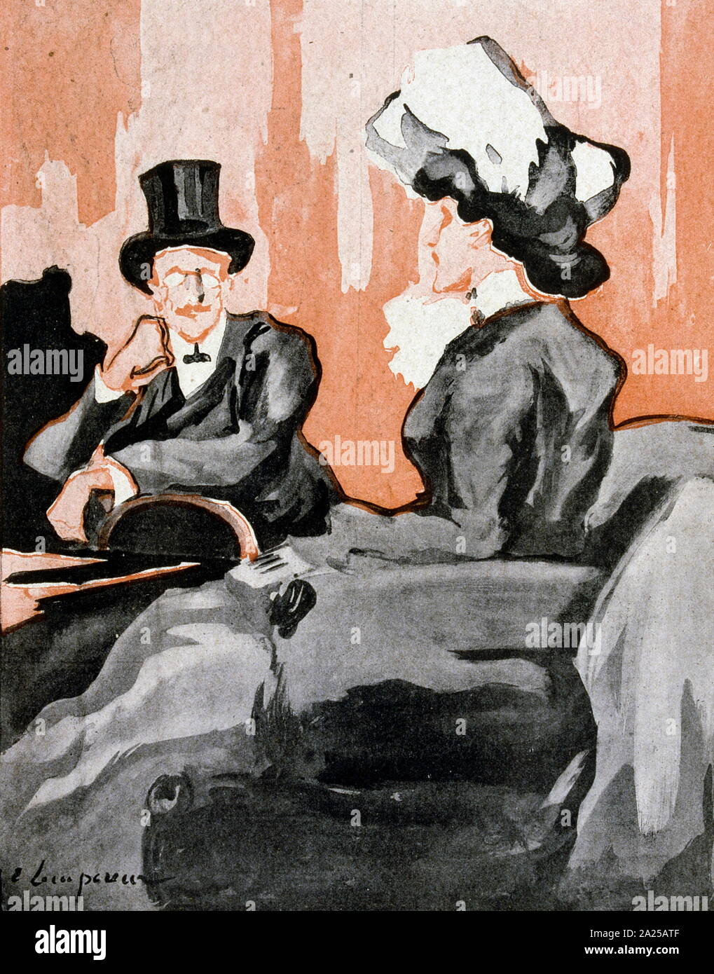 Illustrazione datata 1906, nella rivista francese, raffigurante un ben vestito uomo e donna in conversazione Foto Stock