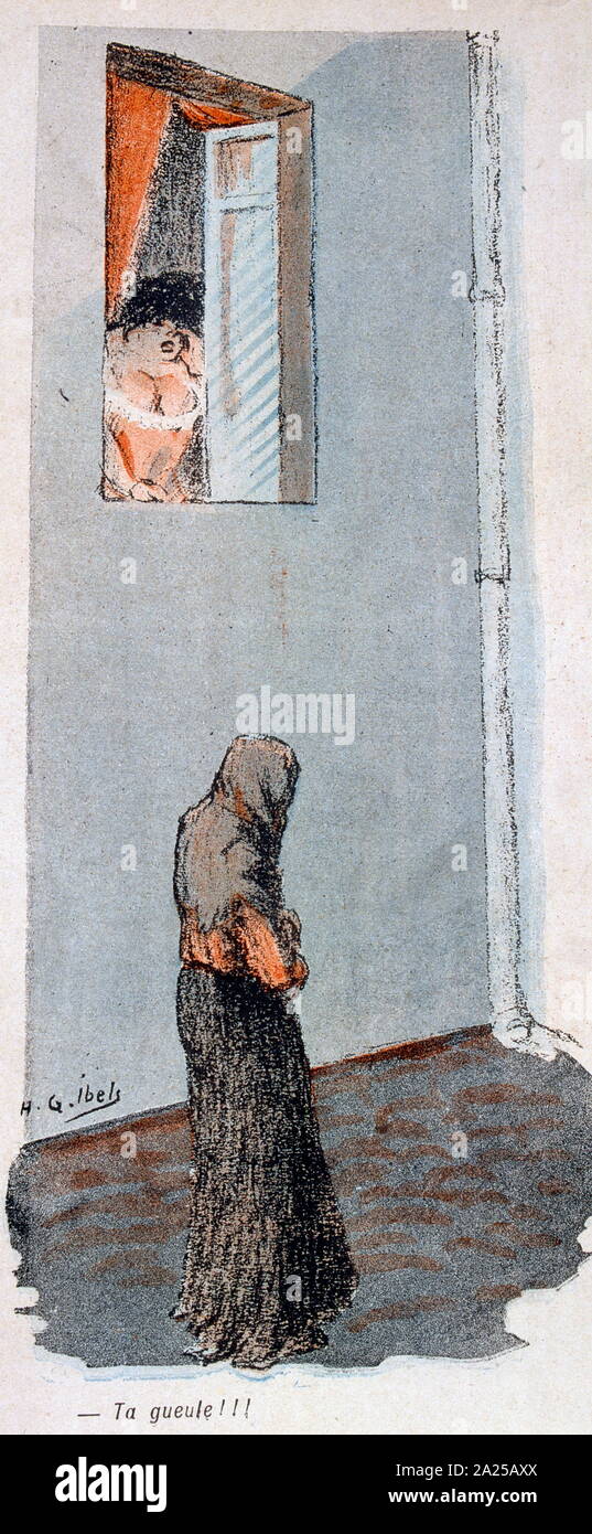 Illustrazione datata 1906, nella rivista francese, raffigurante una donna canto presso la sua finestra come un'altra donna passa al di sotto. Foto Stock