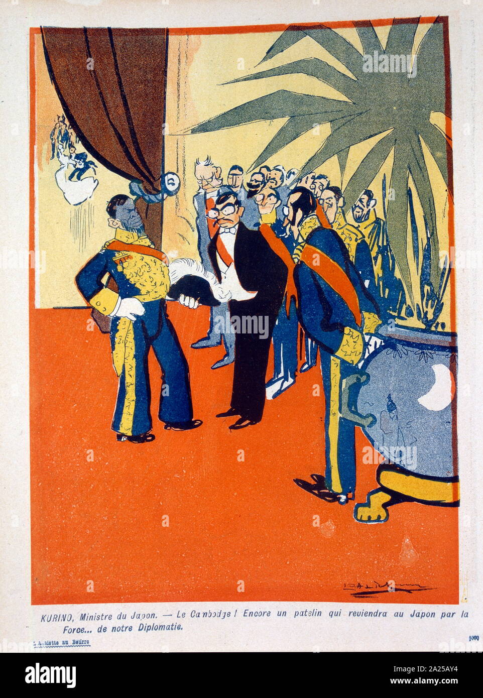 1906 Illustrazione raffigurante Sisowath (1840 - 1927), il re della Cambogia con, funzionari francesi durante il suo 1906 Visita di Stato in Francia. Foto Stock