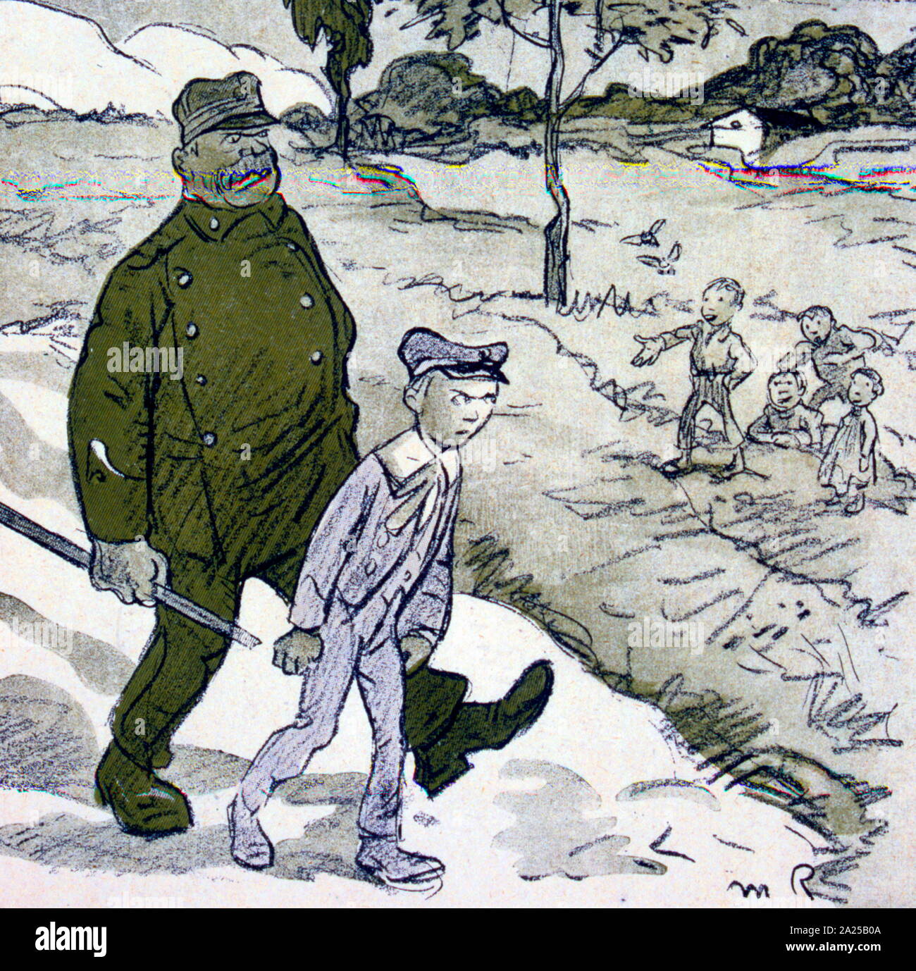 Illustrazione di una rivista francese raffigurante un cattivo ragazzo catturato da un gendarme come suoi amici guardare su. 1909 Foto Stock