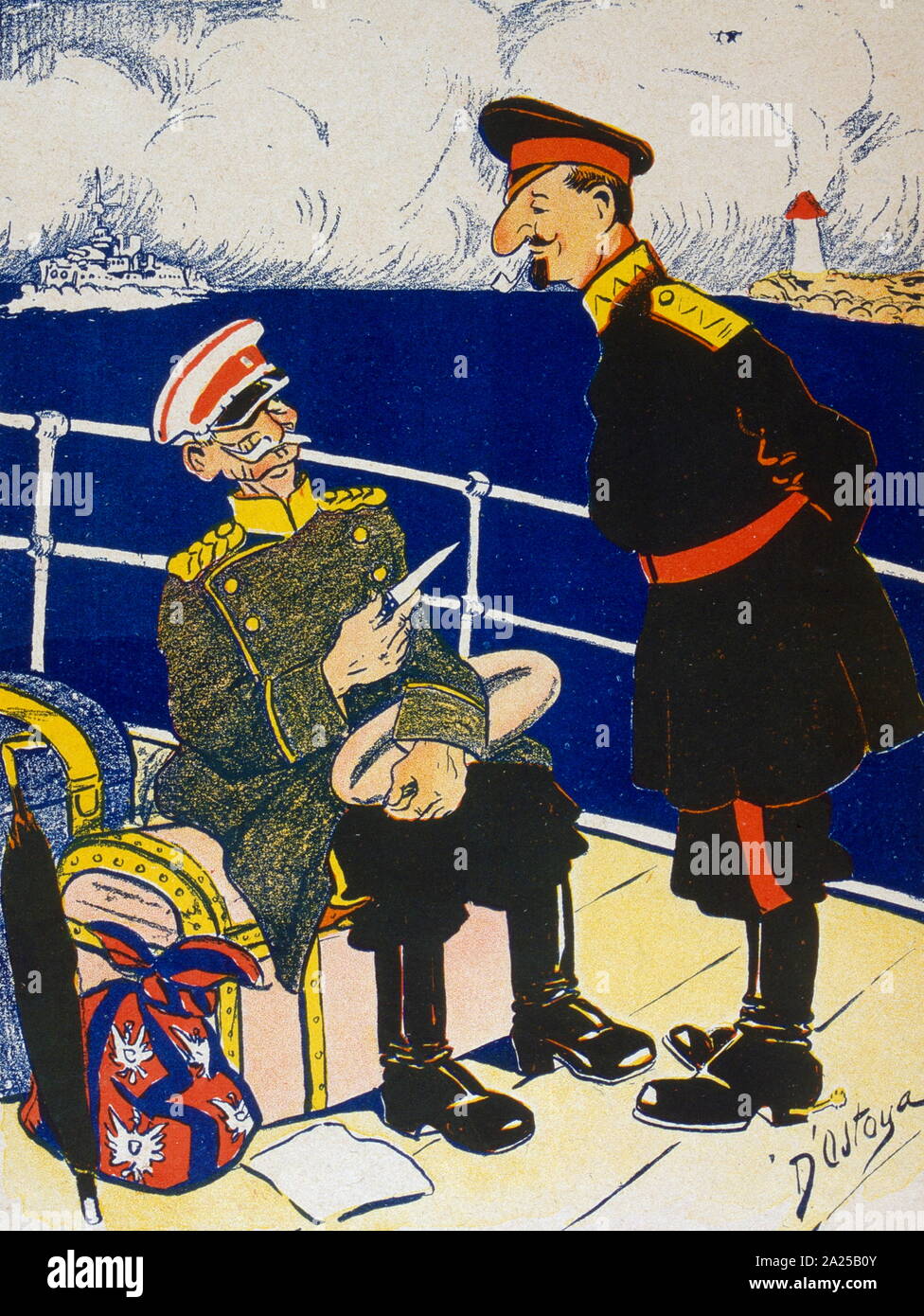 Satirico francese illustrazione, 1908, mostrando, Pietro I Re di Serbia (1903-1918), seduti da sinistra Foto Stock