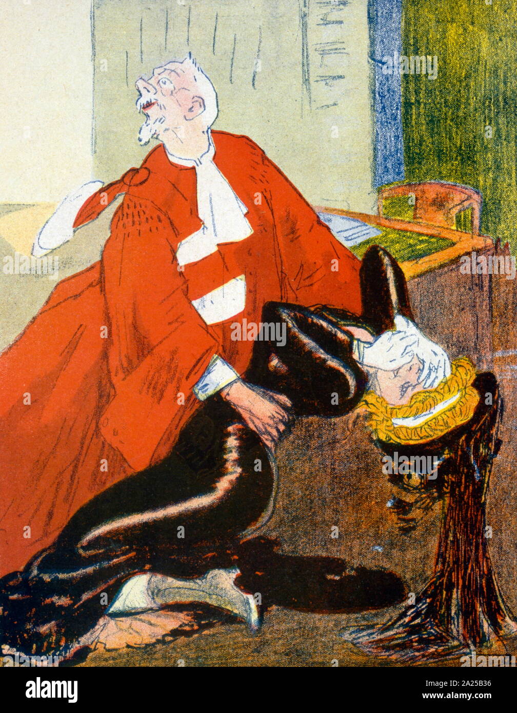 Satirico francese illustrazione del 1908, mostrando la giustizia francese soffoca la libertà Foto Stock