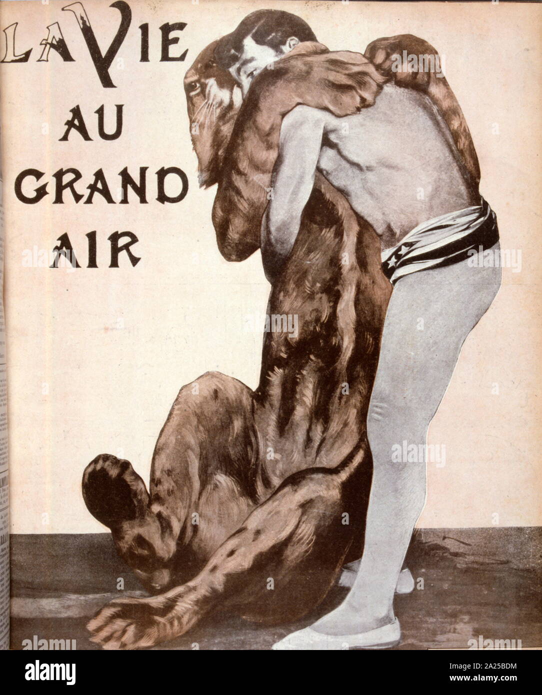 Rivista Vintage illustrazione di un circense abbracciando una leonessa 1905 Foto Stock