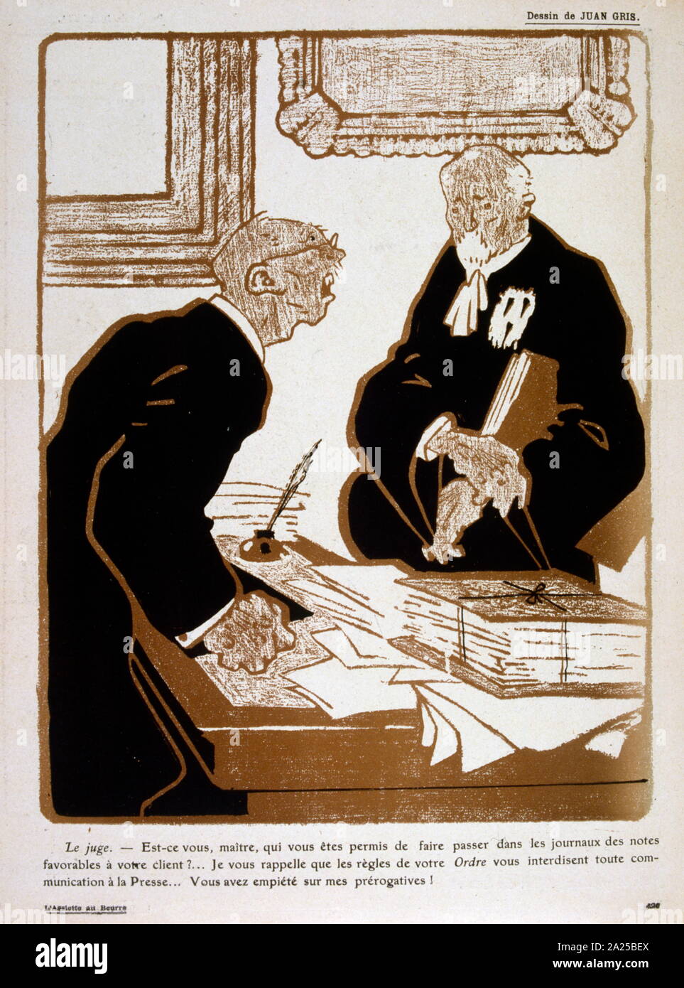 Illustrazione raffigurante un giudice francese ordinazione di nessun contatto tra avvocato e la media (stampa) durante un caso. 1908 Foto Stock