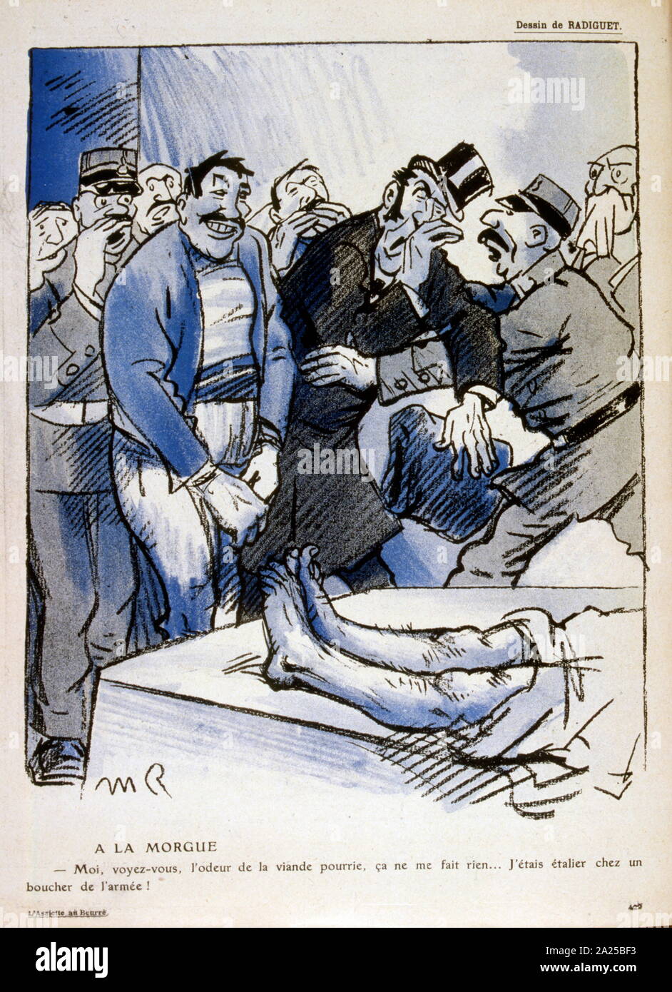 Illustrazione raffigurante un giudice francese audizione prove di carne guastatasi venduta e provocando la morte di un soldato. 1908 Foto Stock
