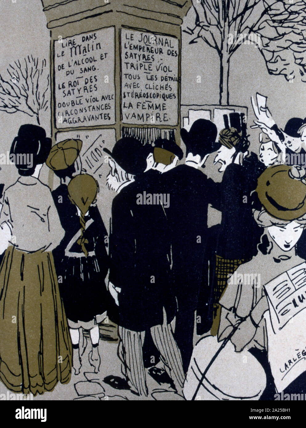 Satirico francese illustrazione raffigurante una folla lettura news annunci su un omicidio 1907 Foto Stock
