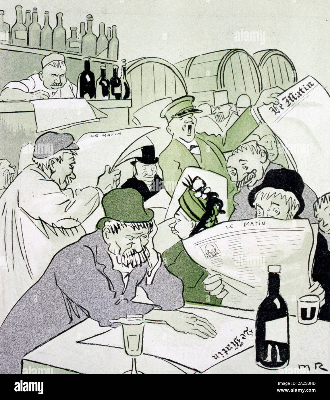 Satirico francese illustrazione, raffiguranti news venditore a vendere giornali più recenti in un bar in Francia. 1907 Foto Stock
