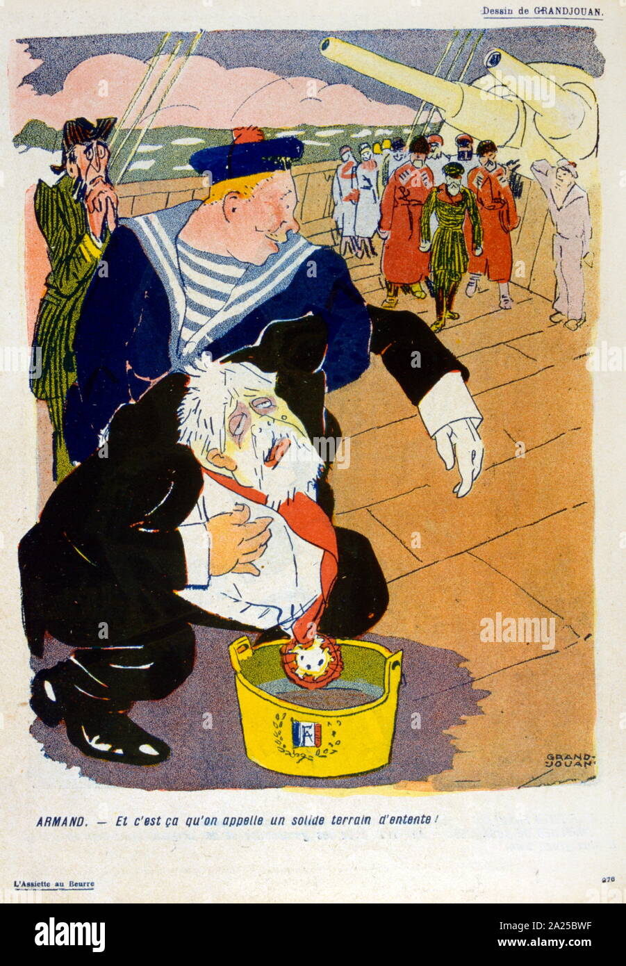 Illustrazione francese satirising la visita dello zar Nicola II di Russia alla Francia 1909. Clemente Armand Fallieres, Presidente della Francia arriva a bordo della Corazzata francese la Galilea, Luglio 1909 Foto Stock