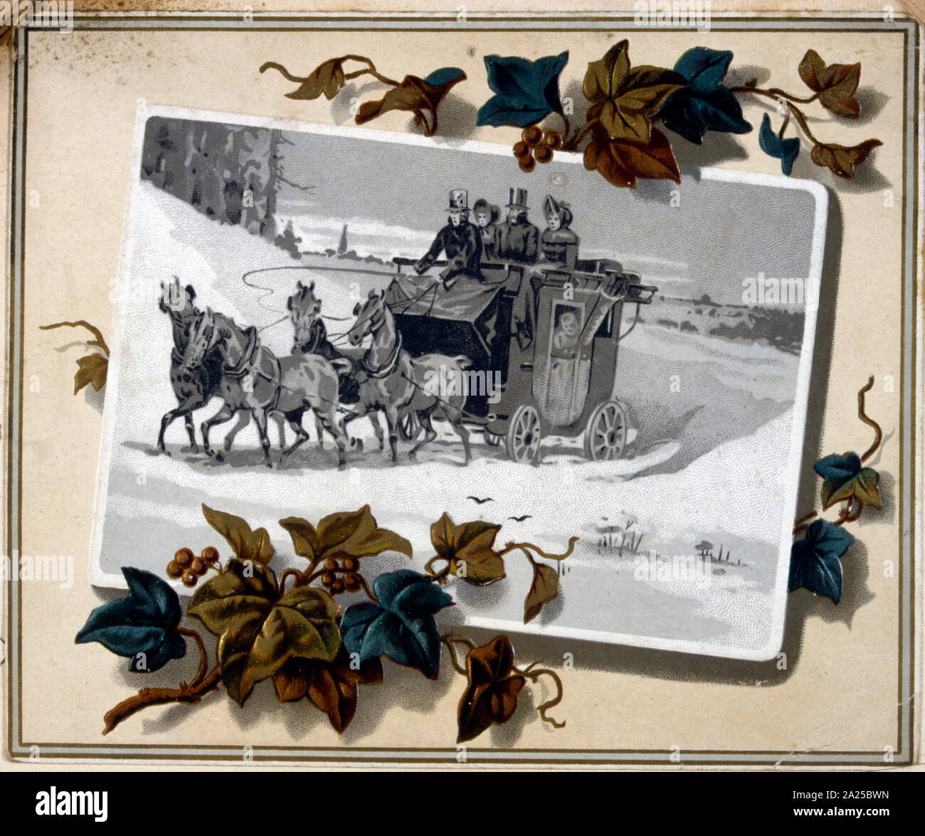 Illustrazione francese per un Natale card raffigurante un cavallo disegnato pullman pieni di passeggeri come unità nella neve. 1880 Foto Stock