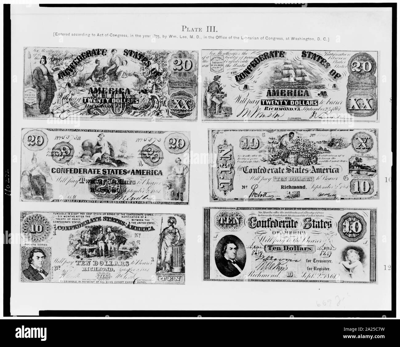 Fotografie di sei pezzi di confederati valuta della carta Foto Stock