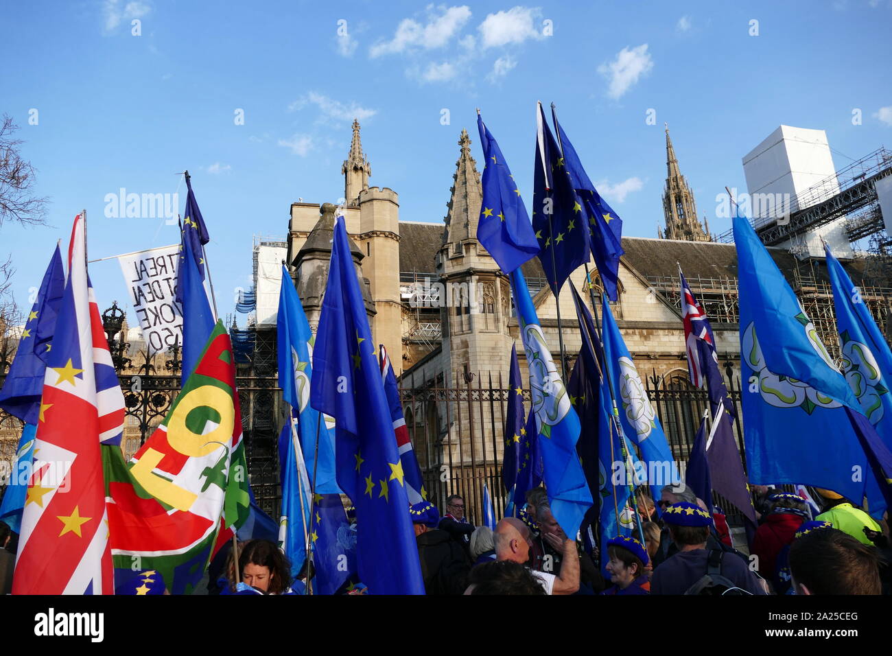 Brexit 'rimanere' manifestanti dimostrando al parlamento di Londra, Aprile 2019.Brexit è il processo del ritiro del Regno Unito (UK) dall'Unione europea (UE). A seguito di un referendum tenutosi il 23 giugno 2016 in cui 51,9 per cento di quelle supportate di voto a lasciare l'UE Foto Stock