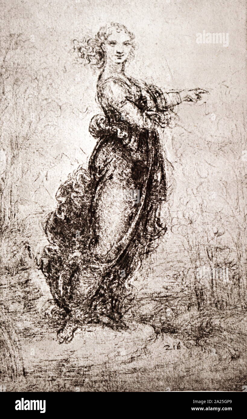 Donna di puntamento dietro una piccola cascata di Leonardo da Vinci. Leonardo di ser Piero da Vinci (1452-1519) un polymath italiana del Rinascimento. Foto Stock