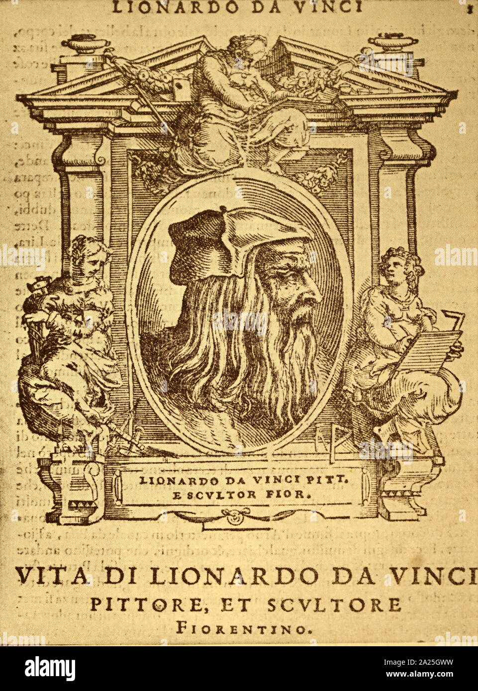 Xilografia ritratto di Leonardo da Vinci. Leonardo di ser Piero da Vinci (1452-1519) un polymath italiana del Rinascimento. Foto Stock