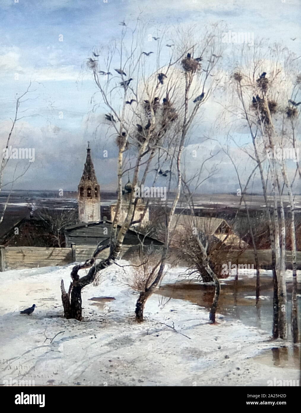 Pittura intitolata 'L'Rooks Venuti' da Alexej Savrasov. Alexei Kondratyevich Savrasov (1830-1897) un paesaggio russo pittore. Foto Stock