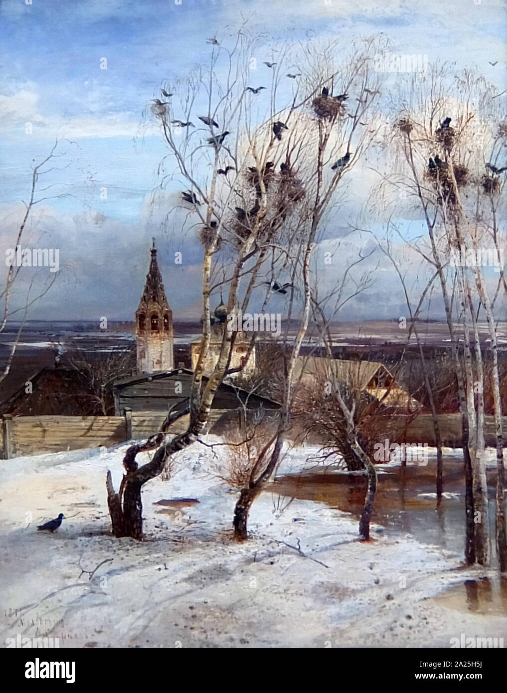 Pittura intitolata 'L'Rooks Venuti' da Alexej Savrasov. Alexei Kondratyevich Savrasov (1830-1897) un paesaggio russo pittore. Foto Stock