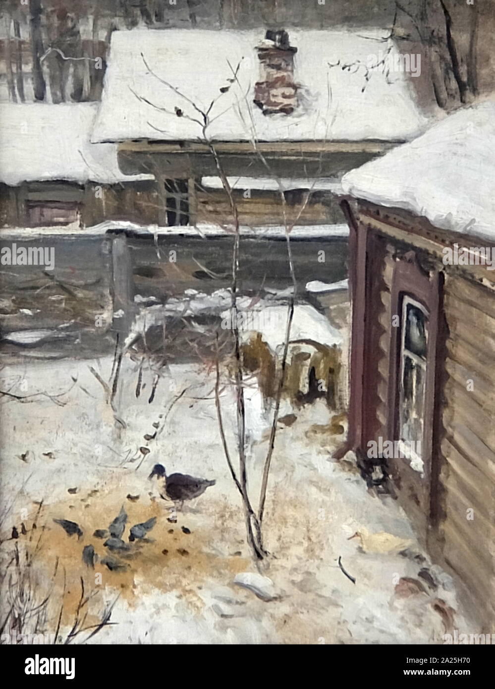 Pittura intitolata 'Un piccolo cantiere, inverno' da Alexej Savrasov. Alexei Kondratyevich Savrasov (1830-1897) un paesaggio russo pittore. Foto Stock