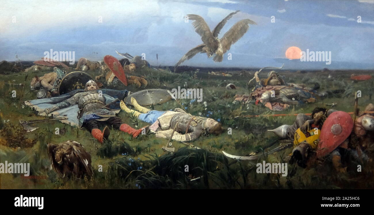 Pittura intitolata 'dopo la battaglia di Igor' di Viktor Vasnetsov. Viktor Mikhaylovich Vasnetsov (1848-1926) un artista russo. Foto Stock