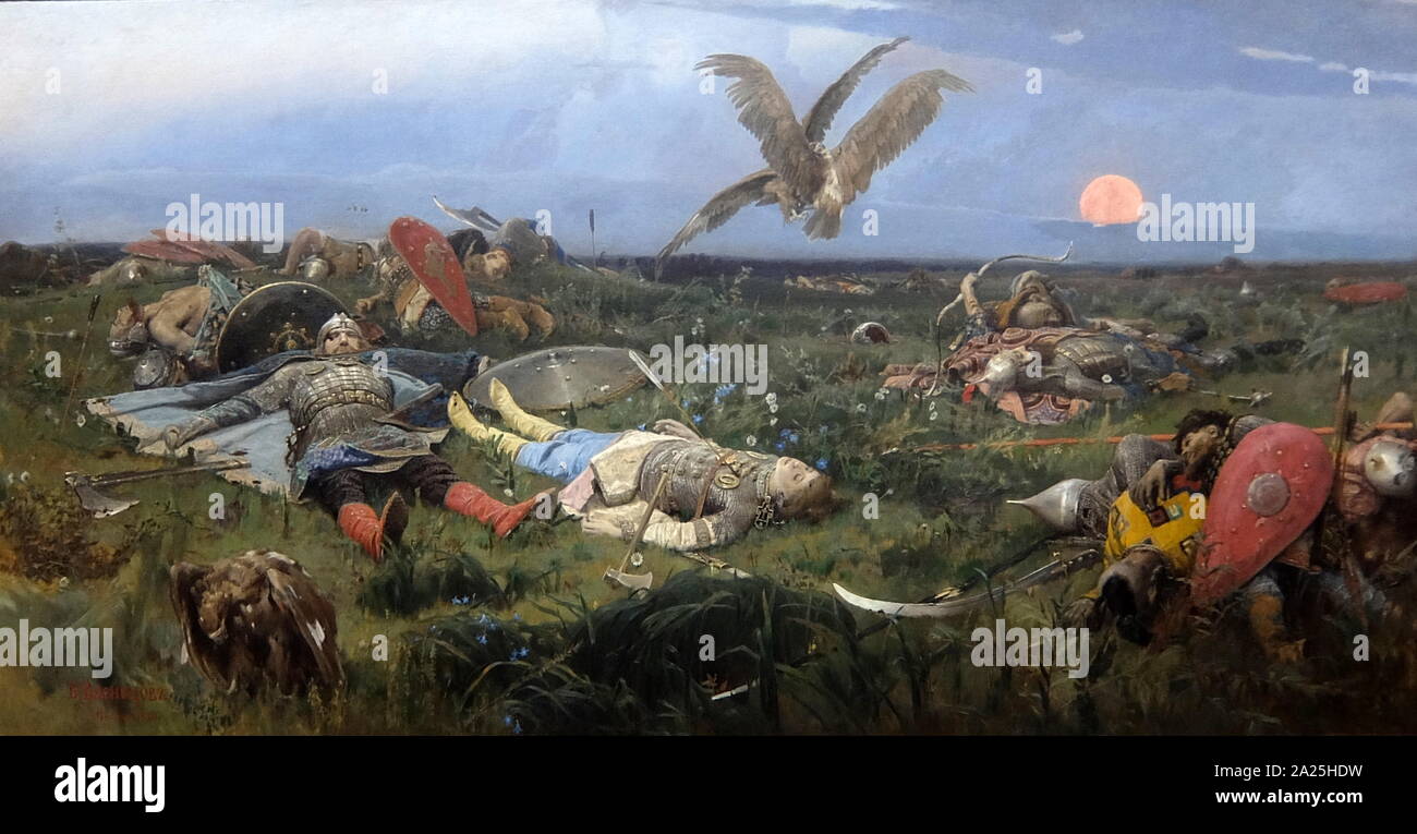 Pittura intitolata 'dopo la battaglia di Igor' di Viktor Vasnetsov. Viktor Mikhaylovich Vasnetsov (1848-1926) un artista russo. Foto Stock