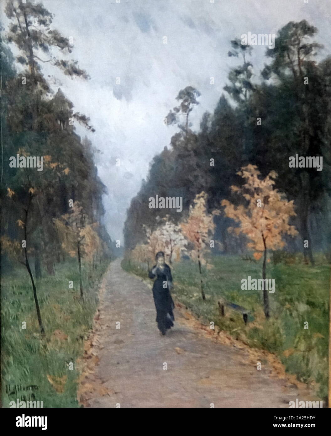 Pittura intitolata 'giornata autunnale a Sokolniki' da Isaac levitan. Isaac Ilyich Levitan (1860-1900) un classico paesaggio russo pittore. Foto Stock