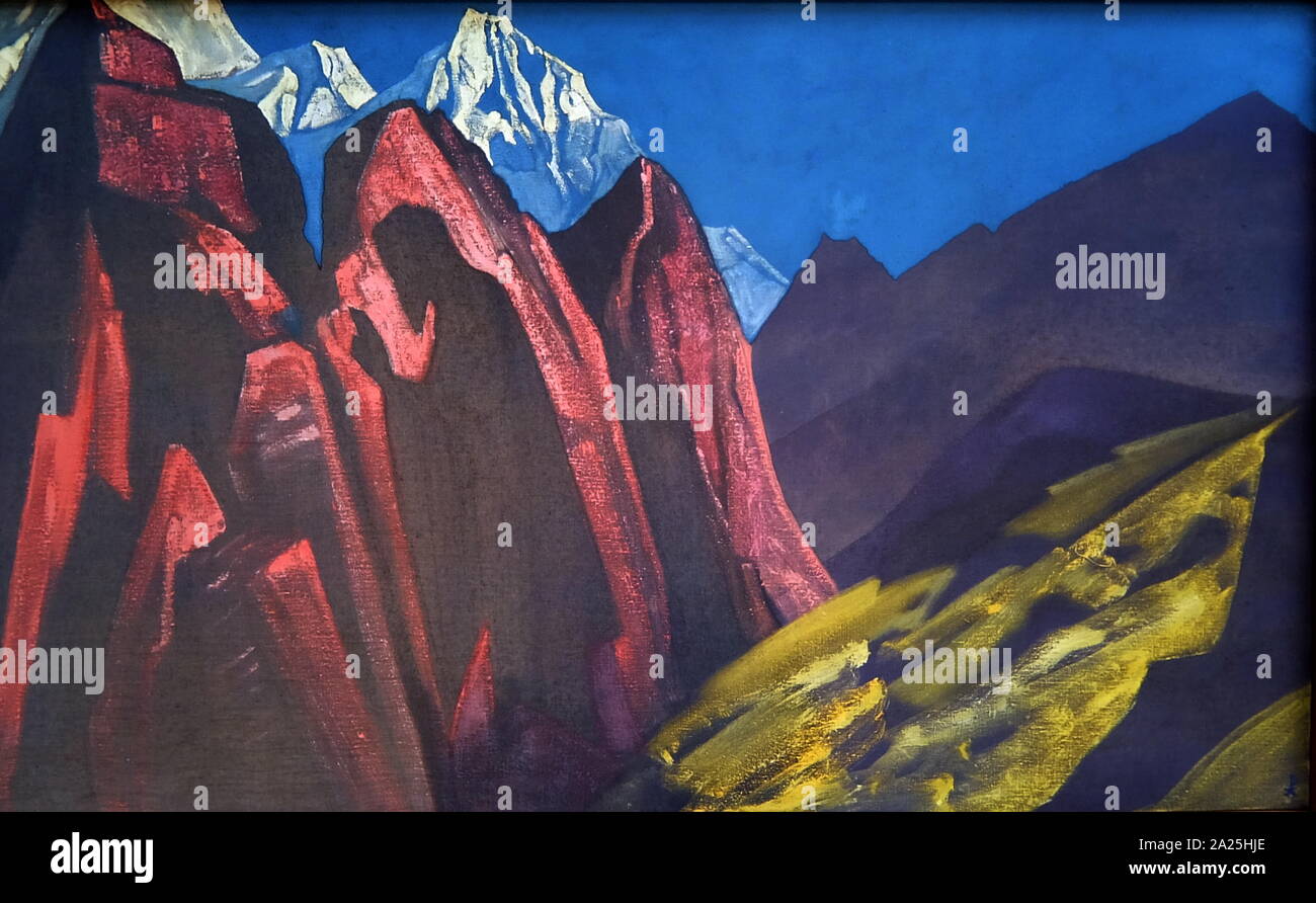 Pittura intitolato 'ombra dell'insegnante" da Nicholas Roerich. Nikolai Konstantinovich Rerikh (1874-1947) un pittore russo, scrittore, archeologo, teologo, filosofo, e figura pubblica. Foto Stock