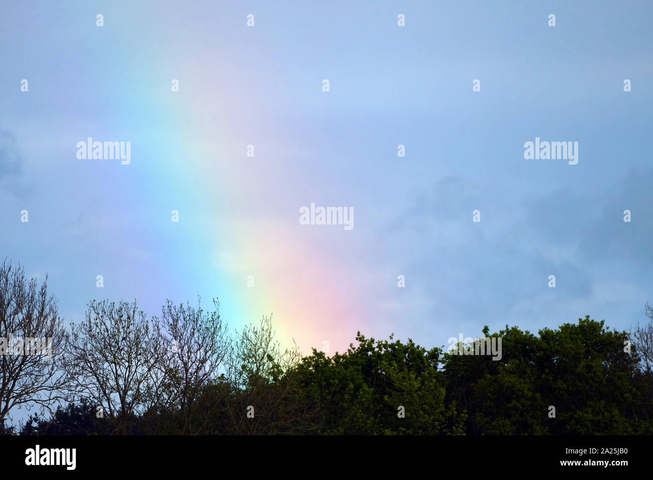 Un arcobaleno è un fenomeno meteorologico che è causato dalla riflessione, rifrazione e dispersione della luce in goccioline di acqua risultante in uno spettro di luce che appaiono nel cielo. Esso assume la forma di un multi-colore ad arco circolare. Rainbows causato dalla luce solare vengono sempre visualizzate nella sezione di cielo direttamente di fronte al sole. Foto Stock