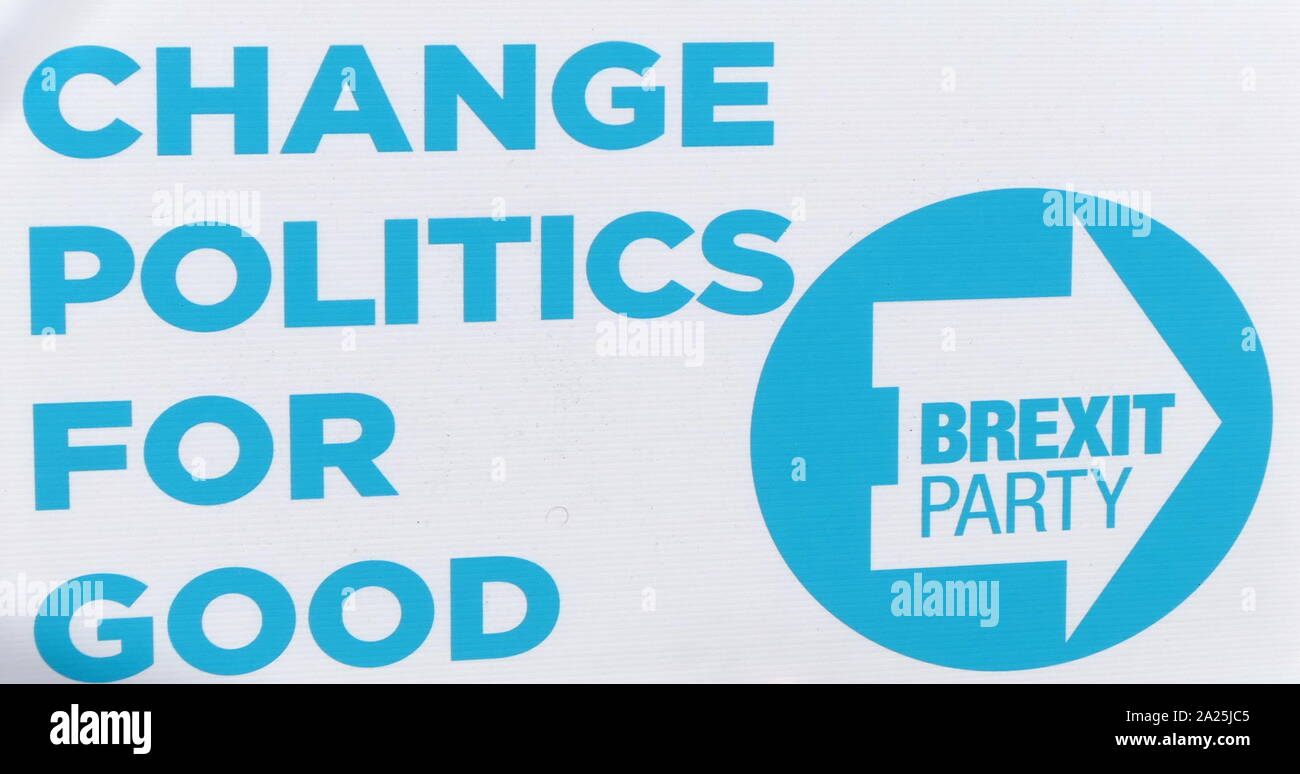 Partito Brexit cartello fuori il Parlamento del Regno Unito, maggio 2019. Brexit lottato durante le elezioni del Parlamento europeo 2019. Il Brexit Party è un euroscettico partito politico nel Regno Unito che è stata formata nel 2019 Foto Stock