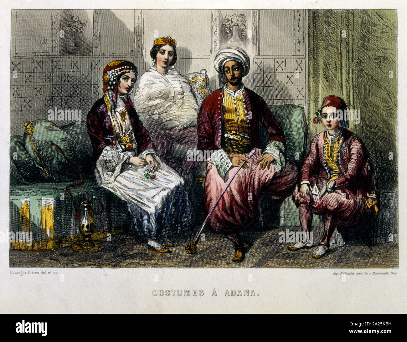 Illustrazione francese che raffigurano persone in costumi tradizionali di Adana in Turchia meridionale. Foto Stock