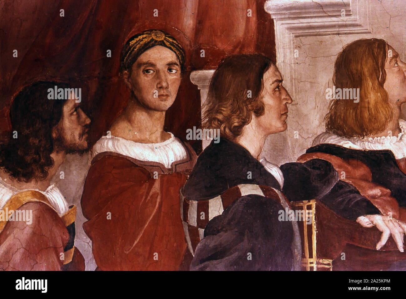 Dettaglio mostra di Raffaello (centro) rivolta dalla Messa di Bolsena. 1514; affresco di Raffaello Foto Stock