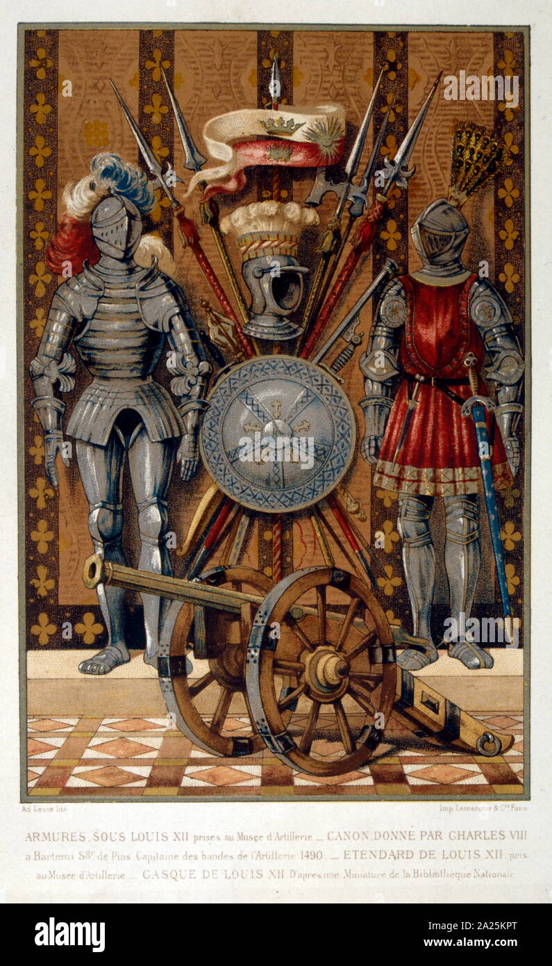 Illustrazione del francese armature medievali e artiglieria Foto Stock