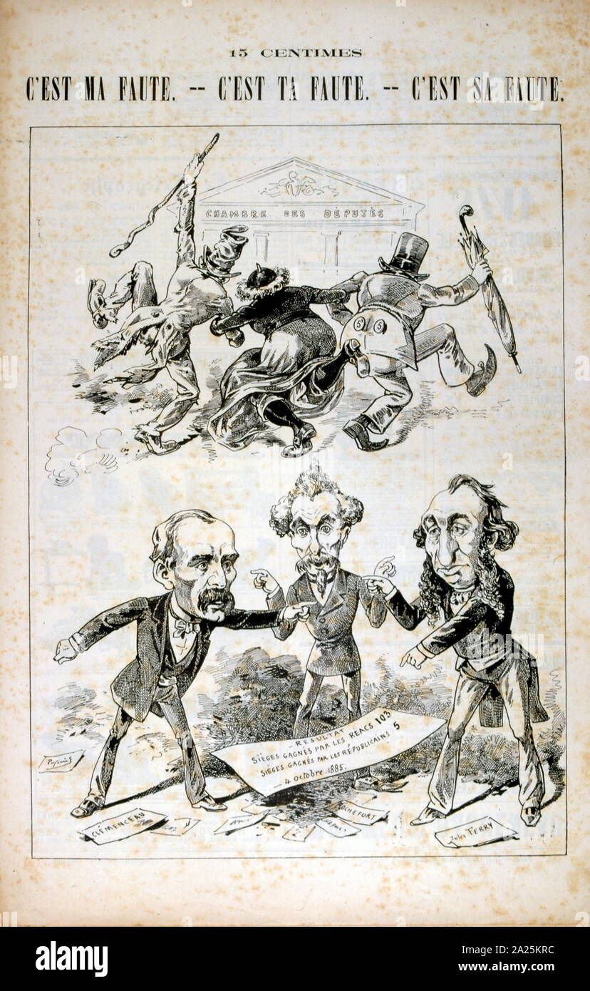 Satirico cartoon francese concernente le elezioni legislative, 1885. Clemenceau, Rochefort e Jules Ferry sono illustrati Foto Stock