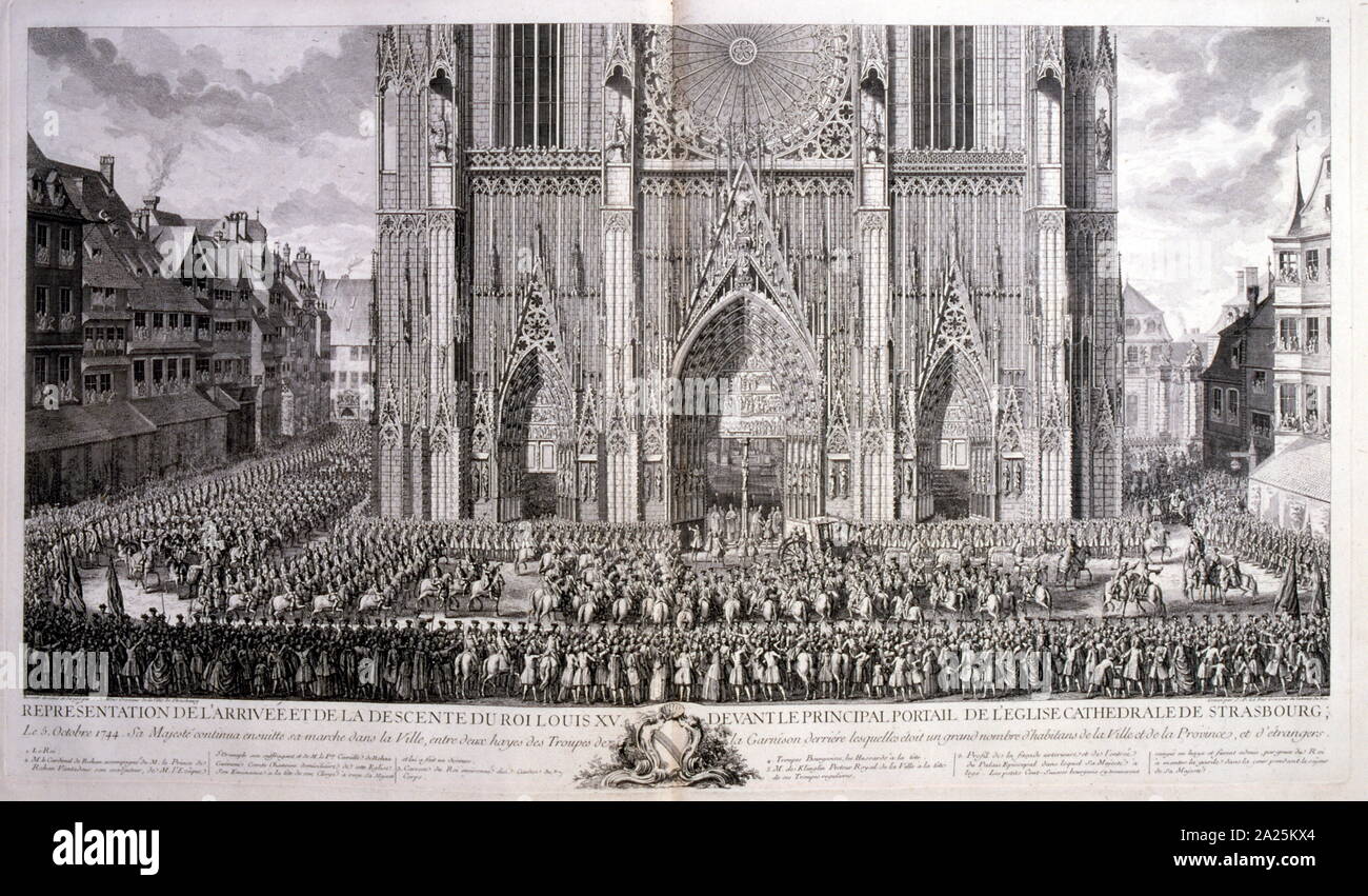 Xviii secolo illustrazione di Luigi XV Re di Francia regnò 1715 - 1774 arrivando alla cattedrale di Strasburgo, 1744. Louis XV (15 febbraio 1710 - 10 Maggio 1774), noto come Louis Amato, era un monarca della Casa di Borbone che governarono come Re di Francia a partire dal 1 Settembre 1715 fino alla sua morte nel 1774 Foto Stock