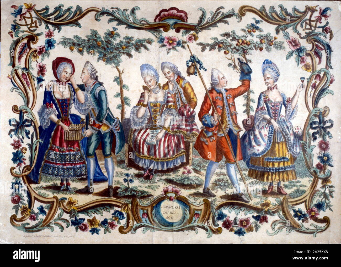 Illustrazione a colori del XVIII secolo la nobiltà francese in abiti costosi 1780 Foto Stock