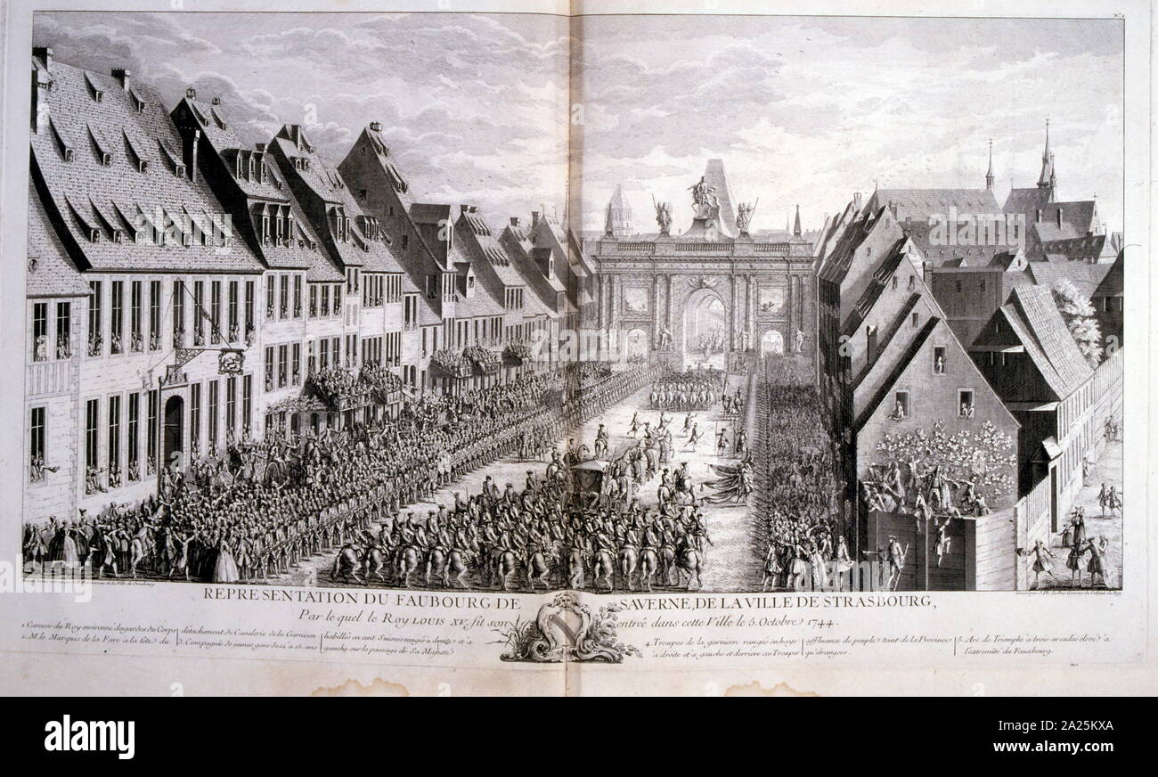 Illustrazione della visita a Strasburgo nel 1744 dal re Louis XV (1710 - 1774), noto come Louis Amato, era un monarca della Casa di Borbone che governarono come Re di Francia a partire dal 1 Settembre 1715 fino alla sua morte nel 1774. Foto Stock