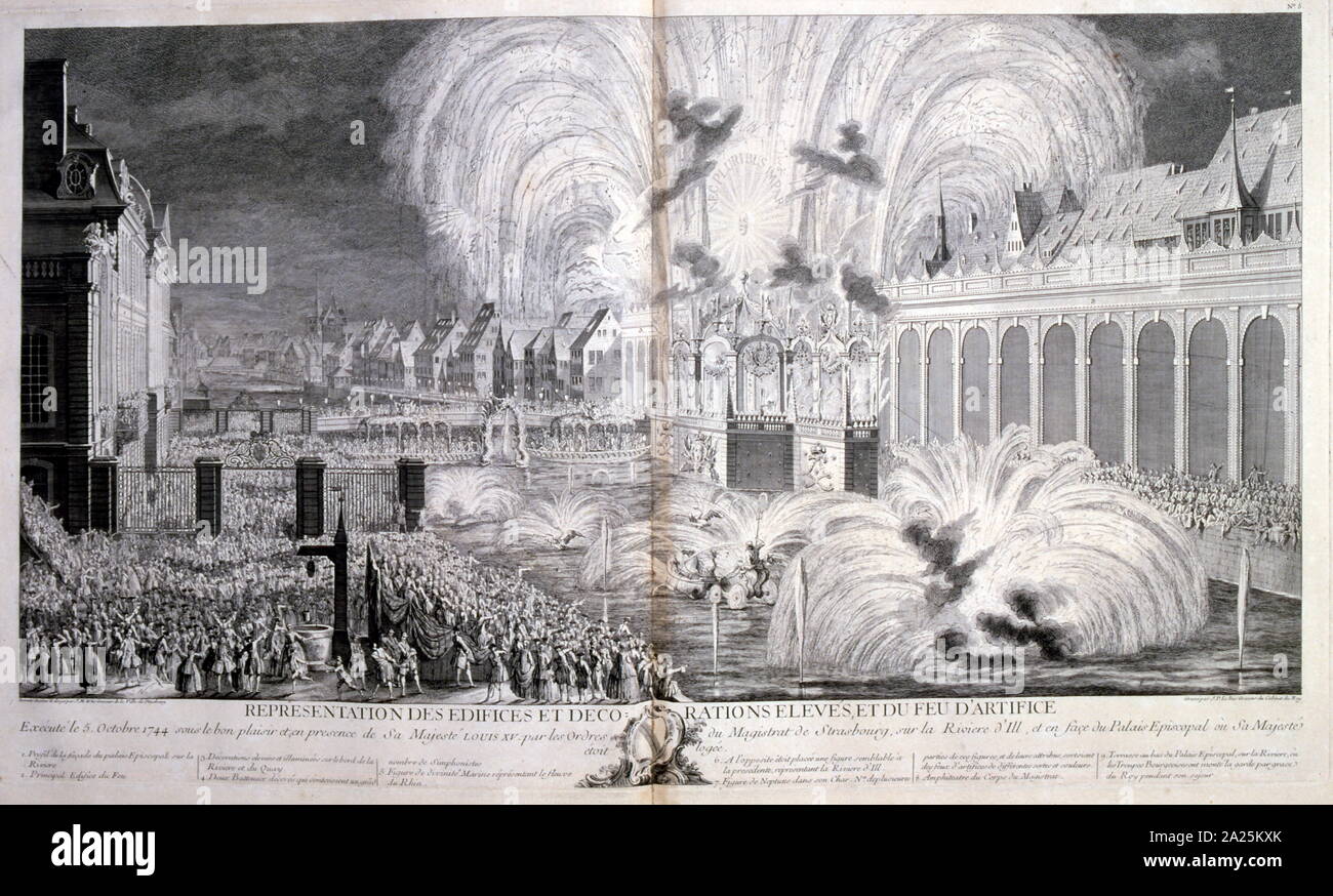 Xviii secolo illustrazione delle celebrazioni per Luigi XV, Re di Francia, regnò 1715 - 1774 arrivando a Strasburgo, 1744. Louis XV (15 febbraio 1710 - 10 Maggio 1774), noto come Louis Amato, era un monarca della Casa di Borbone che governarono come Re di Francia a partire dal 1 Settembre 1715 fino alla sua morte nel 1774 Foto Stock
