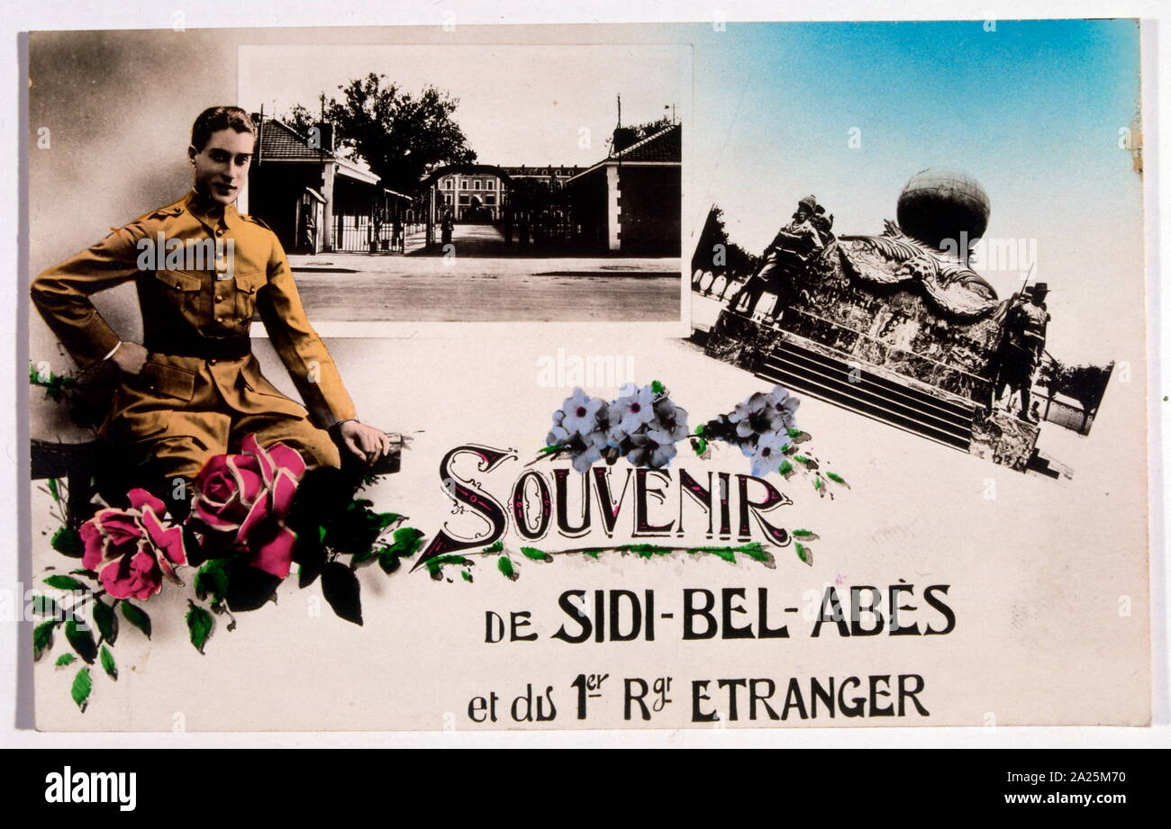 Coloniale Francese cartolina con Legione Straniera francese soldato e base militare, a Sidi el Abbes, Algeria 1912 Foto Stock